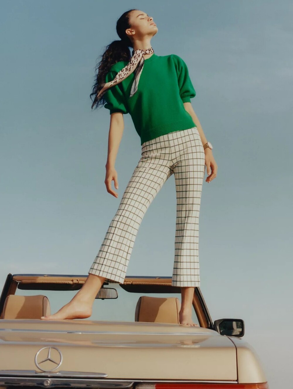 Anthropologie Essential Crop Flare Pants Green Windowpane Plaid Trousers Size XL